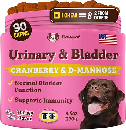Natural Dog Company Urinary & Bladder Supplement for Dogs – Cranberry & D-Mannose, Marshmallow Root & Astragalus Soft Chews, Supports Urinary Tract Health, Bladder Function & Normal Urine Flow, 90 Ct