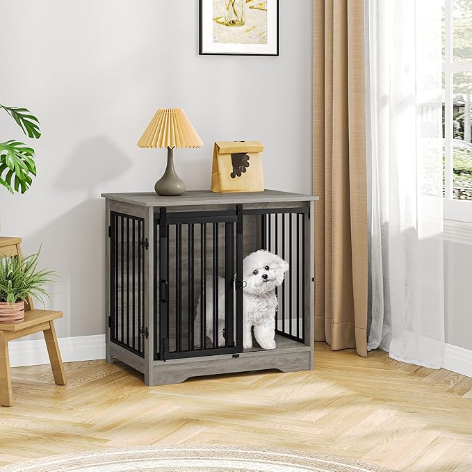Hzuaneri 27.2" Dog Crate Furniture with Barn Door, Heavy Duty Dog Kennel Indoor with 2 Doors, Wooden Pet Cage End Table for Small Medium Dogs up to 22 lb, Anti-Chew Anti-Escape, Greige DFC84305B