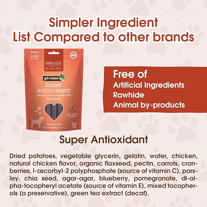 Get Naked Dental Sticks Grain-Free Chicken Flavor Dog Treats Variety Pack, Digestive Health + Skin & Coat + Joint Health + Super Antioxidant, Total 4 Bags, 24.8-oz, 64 Sticks