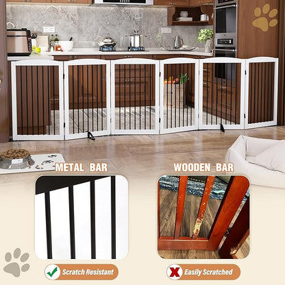 PUPETPO Freestanding Pet Gate for Dogs, Indoor Wooden Foldable Dog Gate for House, Extra Wide, Pet Fence for Stairs, Doorways, Halls, Support Feet Included, 120 Inch Wide, 6 Panels 32",White