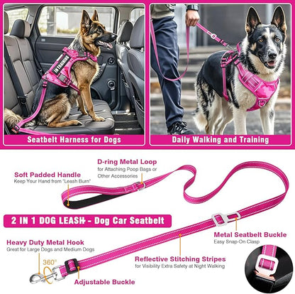 Tactical Dog Harness and Leash Set Small Sized Dog,Heavy Duty No Pull Service Dog Vest and 10 Patches with Dog Seat Belt,Reflective Pet Harness for Training Walking Hiking Camo Pink S