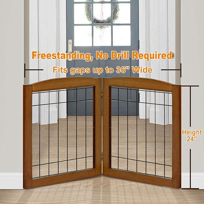 LZRS 2-Panel Freestanding Foldable Wood Dog Gate – Solid Wood & Steel Wire, Chew-Resistant Pet Barrier for Indoor Use, Ideal for Small to Medium Dogs, Cherry