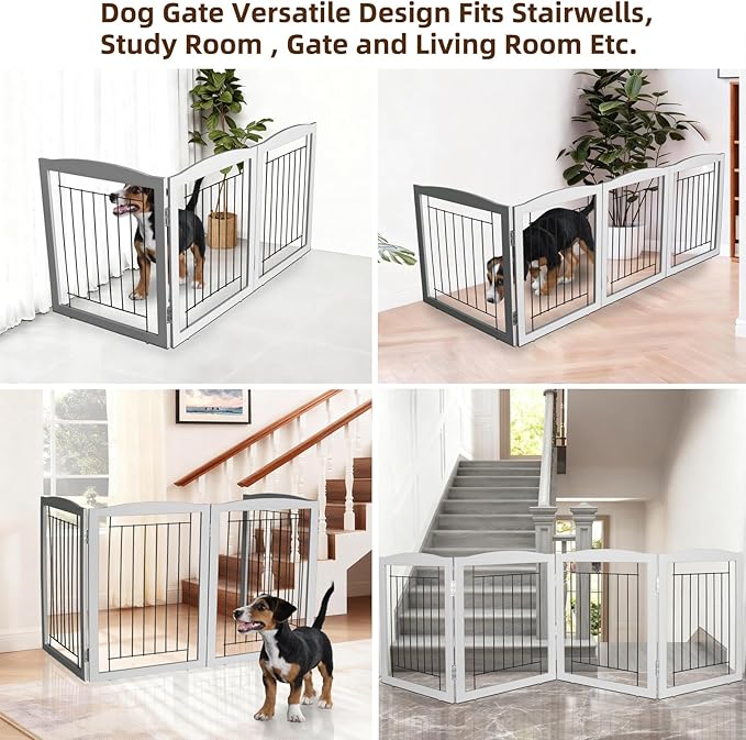 ZJSF Freestanding Foldable Dog Gate for House Extra Wide Wooden Grey Puppy Gate Stairs Dog Gates Doorways Tall Pet Gate 32" Height 3 Panels Pet Fence