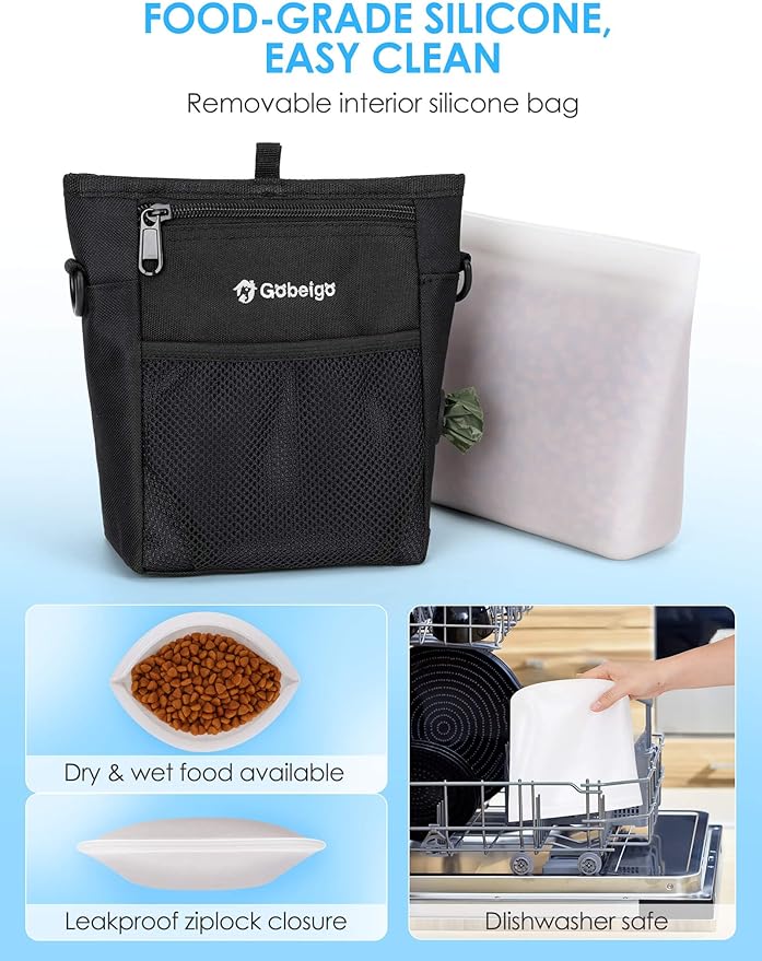 Gobeigo Dog Treat Pouch, Magnetic Closure & Sealable Silicone Bag Insert, 4-Cup Capacity – Belt Clip/Waist Belt/Crossbody Wear, Clicker Included – Great for Pet Training & Walking (Black)