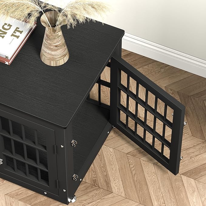 rehomerance 26 Inch Heavy Duty Dog Crate Furniture for Small Dogs, Decorative Pet House End Table, Wooden Cage Kennel Furniture Indoor, Black
