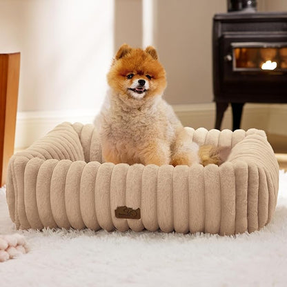Bedsure ComfyFleece™ Cute Dog Bed for Small Medium Dogs - Washable Furry Puppy Beds, Rectangle Orthopedic Corduroy Fleece Pet Beds with Removable Zipper Cover, 25x21x7inches,Sandy Beige
