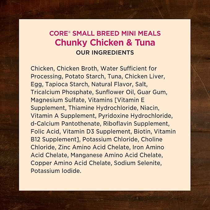 Wellness CORE Small Breed Mini Meals Chunky in Gravy Adult Wet Dog Food, Grain Free, Natural, Chicken and Tuna Dinner Recipe, 3 oz, Pack of 12 Pouches