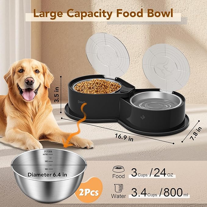 Newget Stainless Steel Dog Bowl Set with Lids, 304 Metal Dual Food & Water Bowls for Dogs & Cats, Foldable Pet Feeder with Cover Keeps Food Fresh, Anti-Skid Dog Dish for Small/Medium/Large Pets