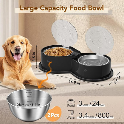Newget Stainless Steel Dog Bowl Set with Lids, 304 Metal Dual Food & Water Bowls for Dogs & Cats, Foldable Pet Feeder with Cover Keeps Food Fresh, Anti-Skid Dog Dish for Small/Medium/Large Pets