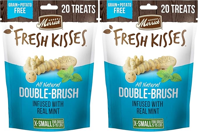 Merrick Fresh Kisses Natural Dental Chews Toothbrush Treat Shape Infused with Real Mint for Tiny Dogs 5-15 Lbs - 20 ct. Bag (Pack of 2)