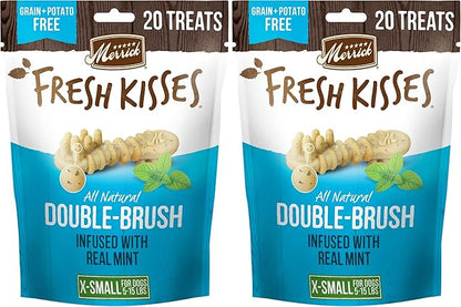 Merrick Fresh Kisses Natural Dental Chews Toothbrush Treat Shape Infused with Real Mint for Tiny Dogs 5-15 Lbs - 20 ct. Bag (Pack of 2)