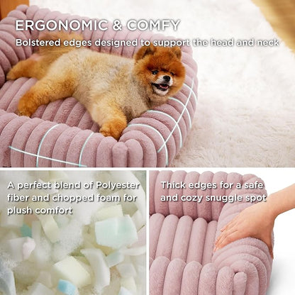 Bedsure ComfyFleece™ Cute Dog Bed for Small Dogs & Cats - Washable Furry Puppy Beds, Rectangle Orthopedic Corduroy Fleece Pet Beds with Removable Zipper Cover, 20x19x6inches, Blush Pink
