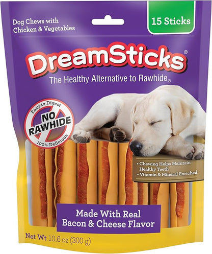 DreamBone DreamSticks with Real Bacon and Cheese Flavor, Rawhide Free Dog Chew Sticks 15 Sticks