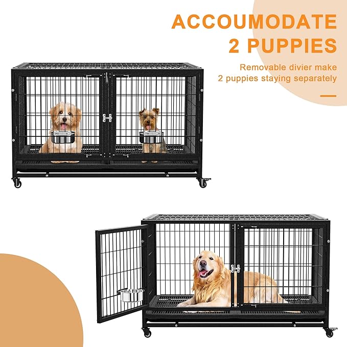 BOLDBONE 43 inch Heavy Duty Dog Crate for Large Dogs, Stackable Dog Kennels and Metal Wire Cages with Feeding Bowls, Leak-Proof Pans, Removable Wire Trays and Divider, Extra Large XL XXL