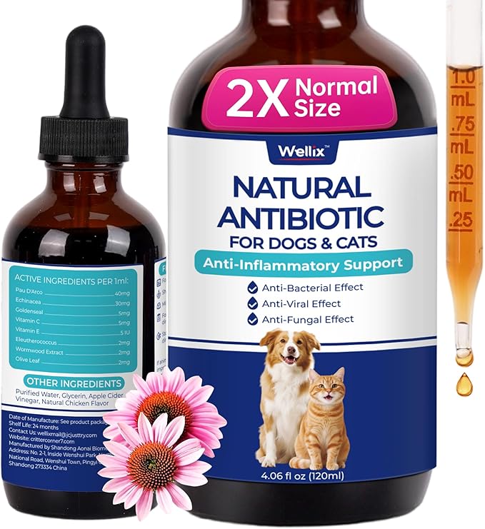 Wellix 120ml Natural Antibiotics for Cats&Dogs - Natural Herbal Supplement for Wound Care, UTI, Sneezing Treatment & Cold Relief - Cat Antibiotics Chicken Flavor for All Ages & Breeds