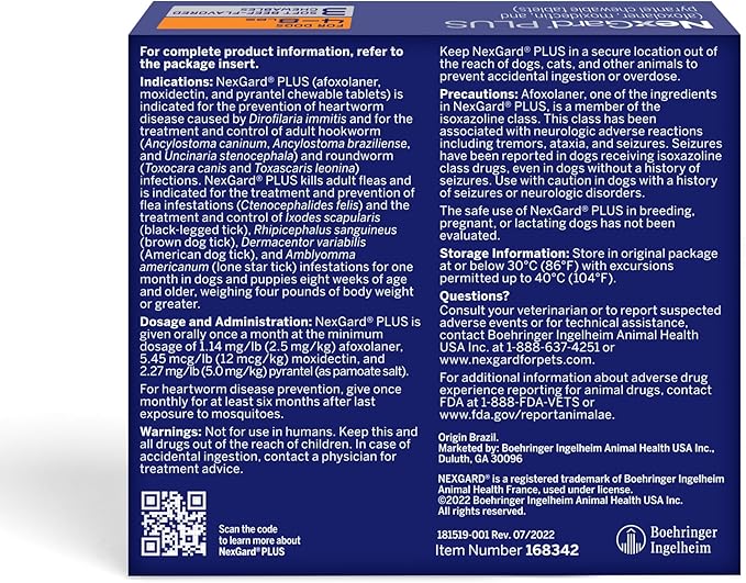 NexGard Plus (afoxolaner, moxidectin, and pyrantel) Flea and Tick Protection & Heartworm Preventive for Dogs Soft Beef Flavored Chewables, 4-8 lbs. (Orange) 3 Chews (3 Month Supply)