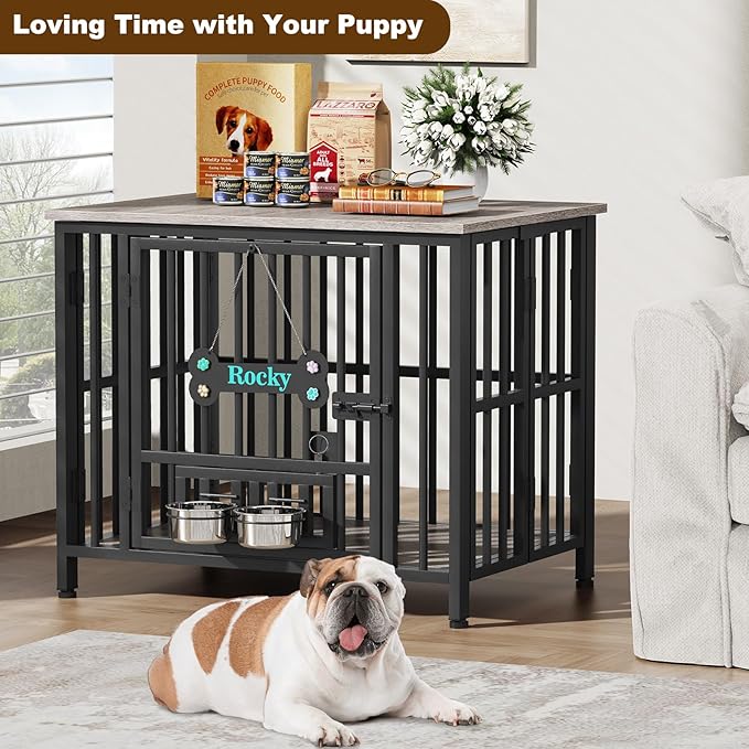 Easycom 31" Dog Crate Furniture Foldable, No Assembly Decorative Dog Kennel Indoor, Dog Crates for Medium Dogs(20-35 lb), Wooden Dog Cage with Adjustable Bowls and Name Tag, End Table, Oak Grey
