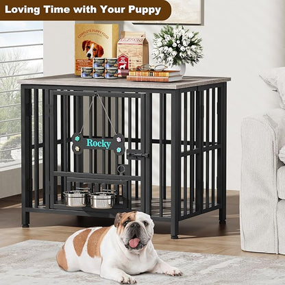 Easycom 31" Dog Crate Furniture Foldable, No Assembly Decorative Dog Kennel Indoor, Dog Crates for Medium Dogs(20-35 lb), Wooden Dog Cage with Adjustable Bowls and Name Tag, End Table, Oak Grey