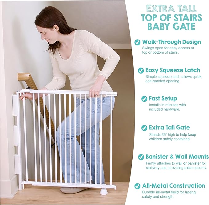 Regalo Safety 35" Extra Tall Baby Gate for Stairs, Wall Mounted 2-in-1 Wide Stair Gate for Babies, Toddlers, & Pets, Includes Banister and Wall Mounting Kit, White