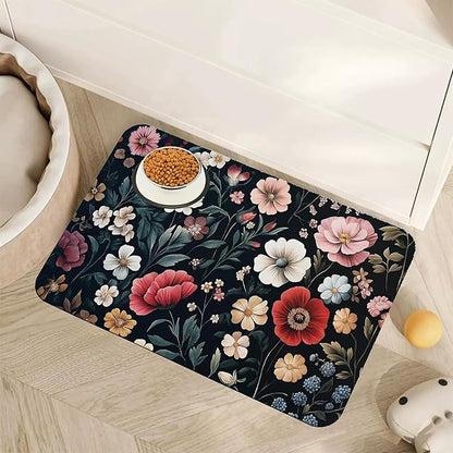 Floral Boho Dog Cat Food Mat,Pink Flower Vintage Absorbent Pet Feeding Mat with Rubber Backing,Non-Slip Water Bowl Placemat,Indoor Pet Accessories Supplies 16"x24"