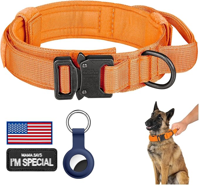 DAGANXI Tactical Dog Collar, Adjustable Military Training Nylon Dog Collar with Control Handle and Heavy Metal Buckle for Medium and Large Dogs, with Patches and Airtags Case (Orange, L)