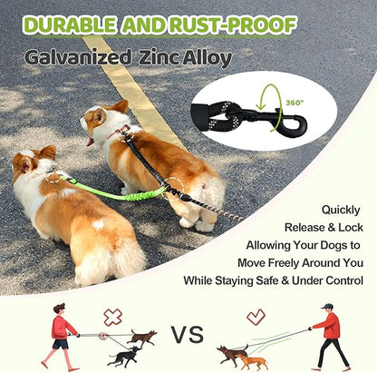 Double Dog Leash - 360°Swivel Tangle Free Splitter Attachment, 1 Rope with Handle, 2 Dogs Multi-Functional Leash, for Outdoor Walk Train Small Medium Large Two Pet, Green
