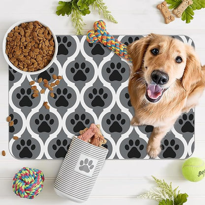 Gray Paw Print Geometric Dog Cat Food Mat,Absorbent Pet Feeding Mat for Food and Water,Non-Slip Dog Bowl Mats Floor Protector 12"x20"