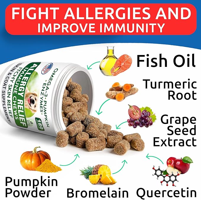 Allergy Relief + Omega 3 for Dogs - Oil Treats for Dog Shedding, Skin Allergy, Itch Relief, Dry Skin & Hot Spots Treatment, Joint Health - Skin and Coat Supplement - EPA & DHA Fatty Acids
