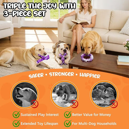 3 Pack Dog Chew Toys for Aggressive Chewers,Indestructible Dog Toy for Medium Large Dogs, Durable Chew Toys to Keep Dogs Busy,Super Chewer with Tough Nylon, Reduce Boredom & Anxiety（Bacon Flavored）