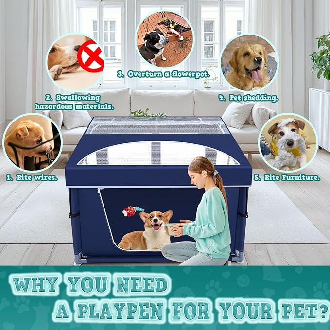 XVISHX 42x42 Inch Puppy Playpen with Cover, Dog Playpen for Puppies or Small Dogs, Pet Fence for Indoor & Outdoor, Sturdy Safety DogPen with Thickened Fabric, High-Strength Nylon Wire Mesh, Blue