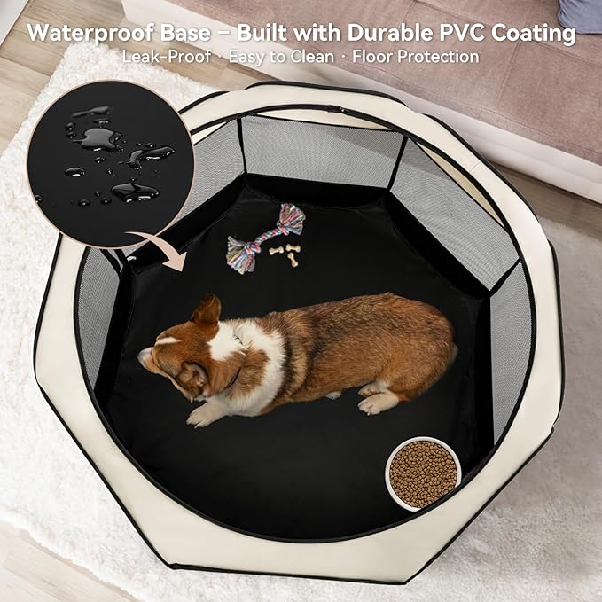Dog Playpen for Small Dogs & Puppies, 50.39" Portable Indoor Outdoor Puppy Playpen with Bowl, Waterproof Floor, Foldable Pop-Up Pet Pen for Home, Travel & Daily Use, Grey+Beige