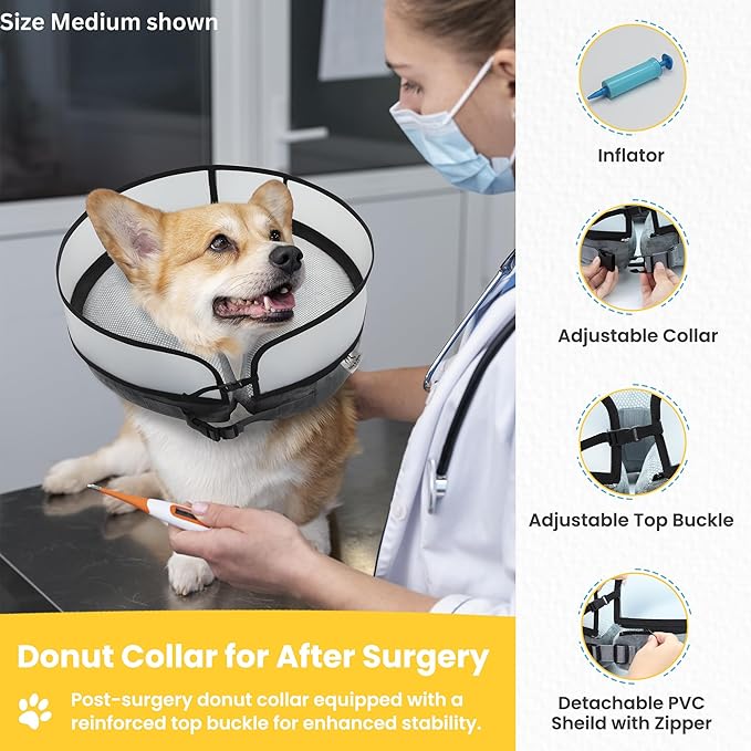 Inflatable Dog Cone Collar w/Pump - Large Dog Donut Collar After Surgery - Washable Dog Collar w/Removable Soft Cone for Dogs After Surgery- Dog Cone Alternative After Surgery w/Soft Cover