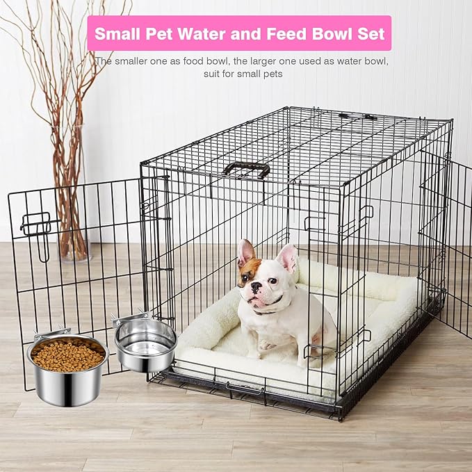 2 Pcs Small Pet Dog Food Water Bowl for Cage Stainless Steel Non-Spill Kennel Hanging Cats Pets Bowls with Clamp Holder Crate Feeder Dish for Small Dogs Pets (5.1x2.9'' & 4.7x1.9'')