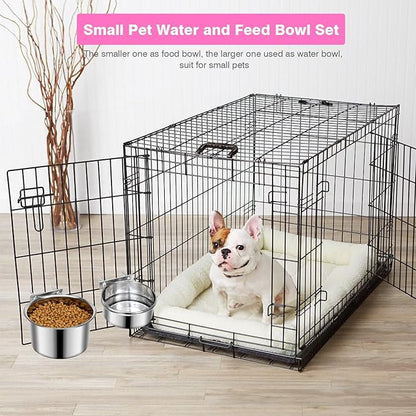2 Pcs Small Pet Dog Food Water Bowl for Cage Stainless Steel Non-Spill Kennel Hanging Cats Pets Bowls with Clamp Holder Crate Feeder Dish for Small Dogs Pets (5.1x2.9'' & 4.7x1.9'')