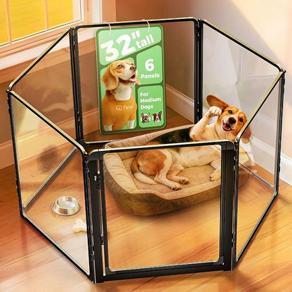 FXW AuraSpace Pro Acrylic Indoor Dog Playpen, Heavy-Duty with Metal Frame, 32" Height 6 Panels for Small and Medium Dogs, Black│Patented
