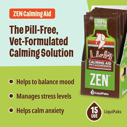 Licks Pill Free Zen Dog Calming - Calming Aid Supplements for Aggressive Behavior & Nervousness - Treats for Stress Relief & Dog Health - Gel Packets - Braised Beef Flavor, 15 Use