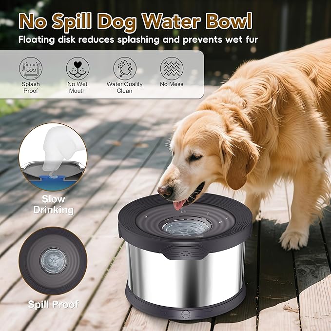 UPSKY Dog Water Bowl No Spill 10L Stainless Steel, 2.6 Gallon Large Capacity Spill-Proof Dog Bowls, Non-Slip Slow Drinking Anti-Splash Bowl for Large Messy Drinkers, No Mess Indoor/Outdoor Use, Black