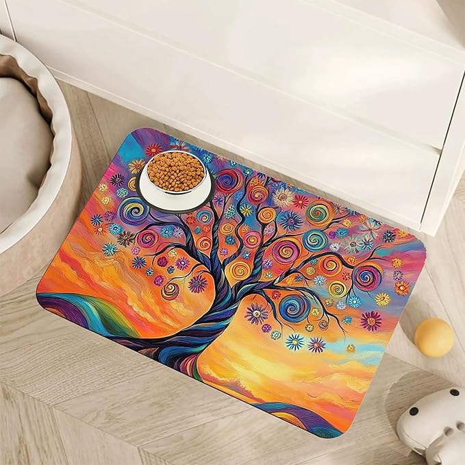 Abstract Tree Flowers Dog Food Mat for Floors,Color Absorbent Pet Food and Water Bowl Mats,Non-Slip Pet Feeding Mat,Pet Supplies 12" x 20"