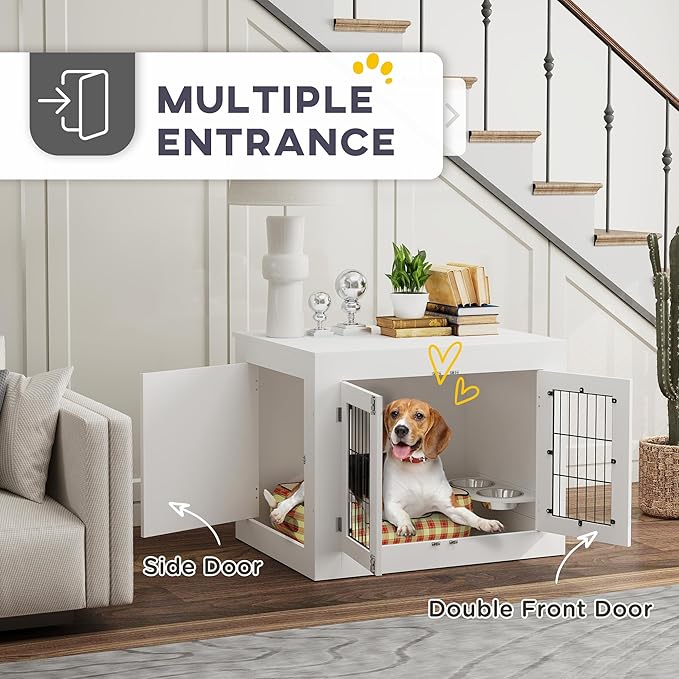 PawHut Dog Crate Furniture w/ 360° Rotatable Removable Dog Bowls, Dog Kennel Furniture w/Two Doors, Non-Slip Foot Pads, Furniture Dog Crate End Side Table for Medium Dogs, 31.5" x 24" x 25", White