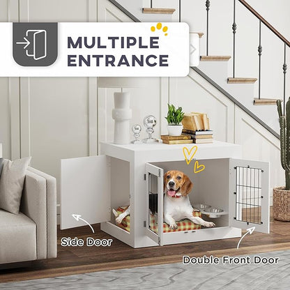 PawHut Dog Crate Furniture w/ 360° Rotatable Removable Dog Bowls, Dog Kennel Furniture w/Two Doors, Non-Slip Foot Pads, Furniture Dog Crate End Side Table for Medium Dogs, 31.5" x 24" x 25", White