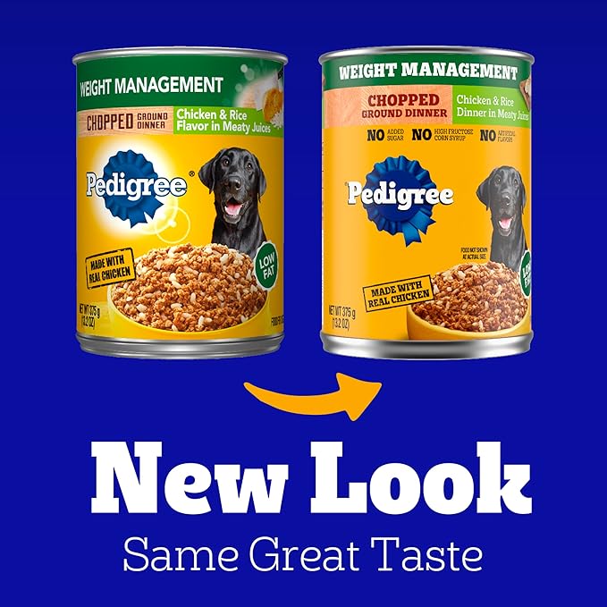 Pedigree Chopped Ground Dinner Weight Management Wet Dog Food,Canned Dog Food Chicken & Rice Dinner in Meaty Juices,13.2 oz. Cans,12 Count (Pack of 2)