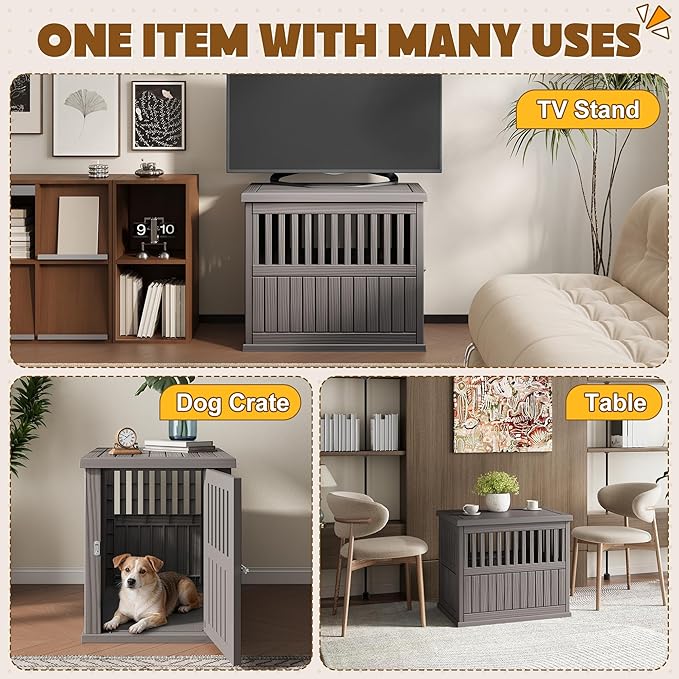 Bifanuo Dog House 30-Inch Dog Crate Furniture, Heavy Duty Dog Crate for Small Dog, Lockable Indoor Outdoor Dog Kennel & End Table, Decorative Plastic Pet Cage (Grey)