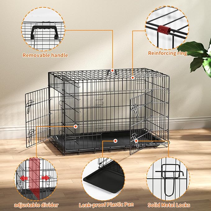 FDW Dog Crate 36-Inch Dog Cage Single Door Foldable Metal Kennel with Leakproof Tray Foldable Design Indoor Outdoor Use for Medium Dogs,Dark Black