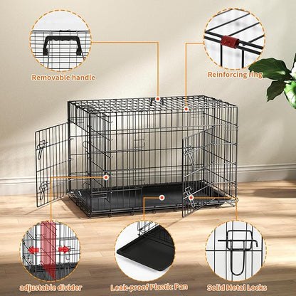 FDW Dog Crate 36-Inch Dog Cage Single Door Foldable Metal Kennel with Leakproof Tray Foldable Design Indoor Outdoor Use for Medium Dogs,Dark Black