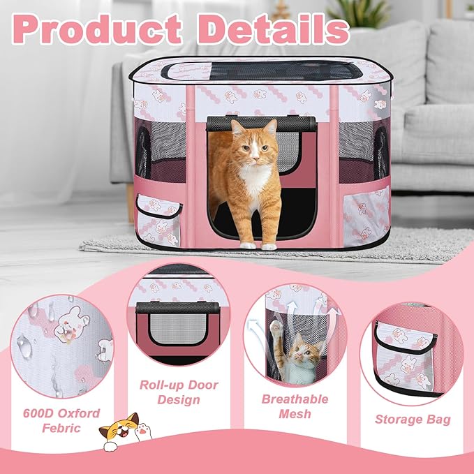 Foldable Dog Playpen Indoor,Expandable Puppy Playpen,Portable Pet Playpen for Small Animals,Waterproof Exercise Kennel Tent Crate for Travel,Camping, Home & Outdoor Use (M 31"L x 22"W x 21"H, Pink)