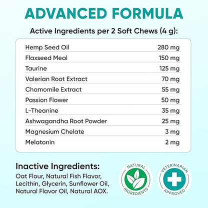 Hemp Calming Chews for Dogs - Dog Calming Chews for Anxiety Relief, Stress, Separation, Fireworks, Thunder, Travel, Vet Visits - USA Product - 120 Soft Treats with Melatonin, Chamomile, Passion Flower