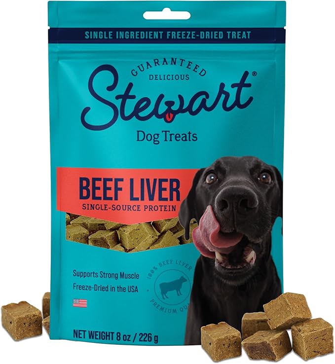 Stewart 100% Beef Liver Dog Treats, 8 oz Pouch, ~180 Pieces, Freeze Dried Raw, Single Ingredient, 50% Protein Training Treats or Meal Topper, Grain Free, Gluten Free