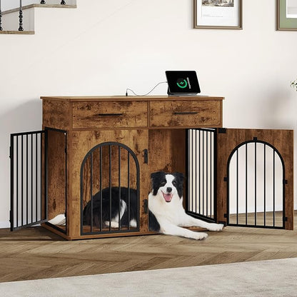 Hzuaneri 39.4'' Dog Crate Furniture with 2 Drawers, Indoor Dog Kennel with Charging Station, Wooden Dog Cage Side End Table Kennel for Medium/Large Dogs, Rustic Brown DFC84201B
