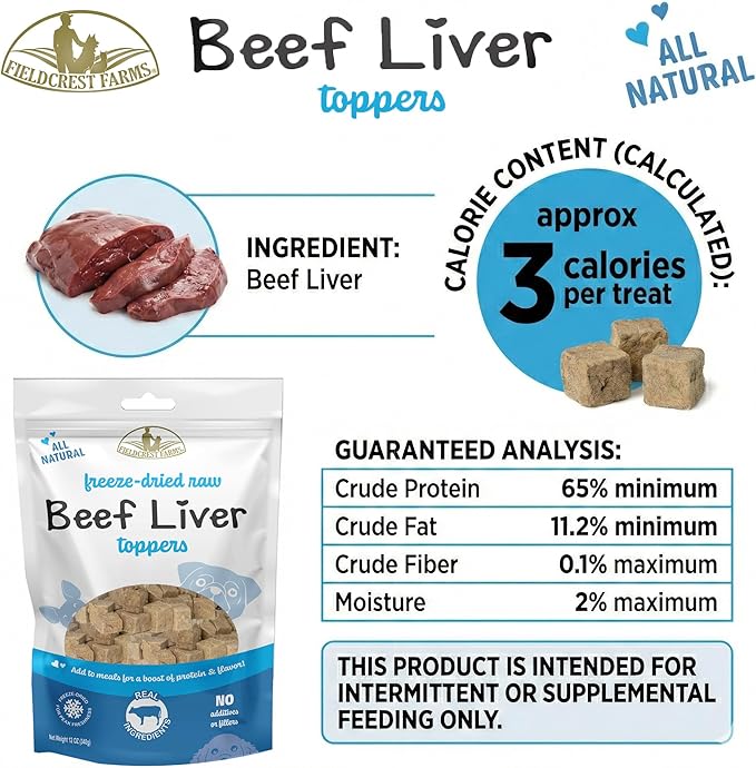 Fieldcrest Farms Freeze-Dried Beef Liver Dog Food Topper or Treat, 100% Single Ingredient Beef Liver, High-Protein, Raw & Grain-Free, 12 oz