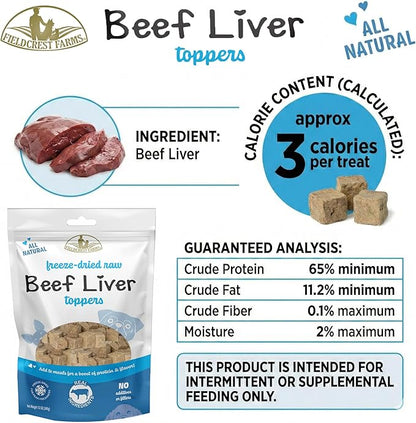 Fieldcrest Farms Freeze-Dried Beef Liver Dog Food Topper or Treat, 100% Single Ingredient Beef Liver, High-Protein, Raw & Grain-Free, 12 oz